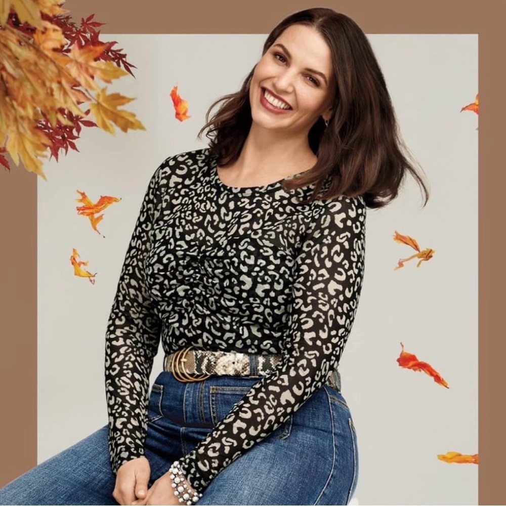 Cabi Blouse Women’s Medium Top Black Ivory Leopard Animal Print‎ Style 4163